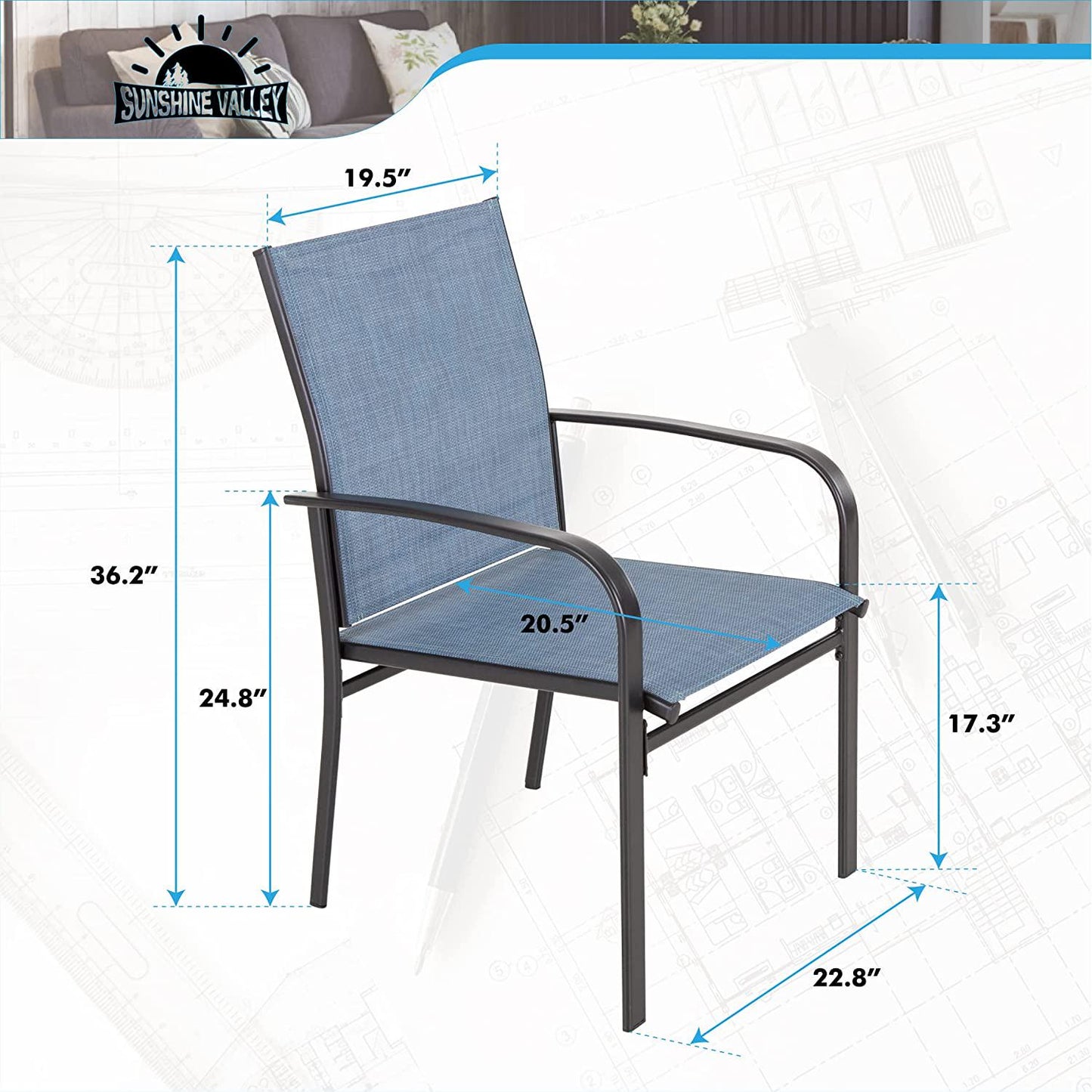 SUNSHINE VALLEY Outdoor Dining Chairs for 4,Garden Backyard Lawn Yard Furniture, Steel Frame with Textilene Fabric Blue Stable Patio Dining Chairs