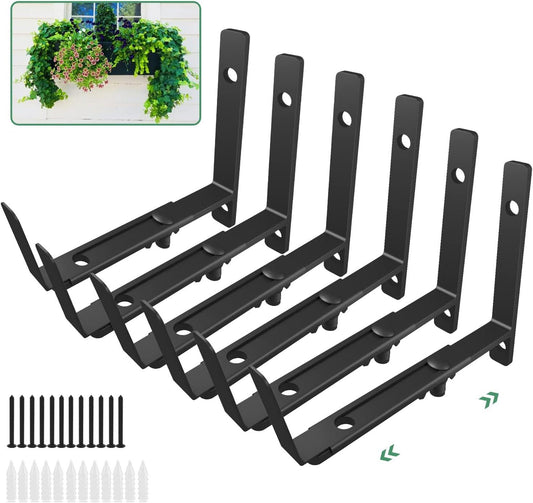 Sentoda Adjustable Window Planter Box Brackets (6 to 12.5 in),Heavy Duty Wall Mount Holder for Patio and Garden,6 Packs Outdoor Hanging Brackets-Black-