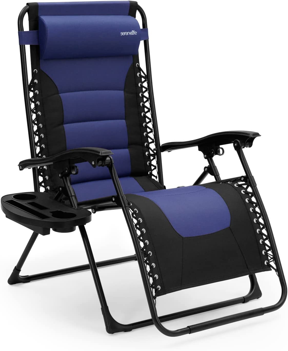 SereneLife Foldable Outdoor Zero Gravity Padded Lawn Chair, Adjustable Steel Mesh Recliners, w/Removable Pillows and Cup Holder Side Tables, Blue and Black-