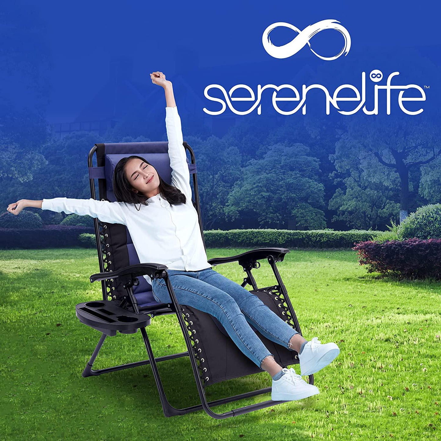 SereneLife Foldable Outdoor Zero Gravity Padded Lawn Chair, Adjustable Steel Mesh Recliners, w/Removable Pillows and Cup Holder Side Tables, Blue and Black