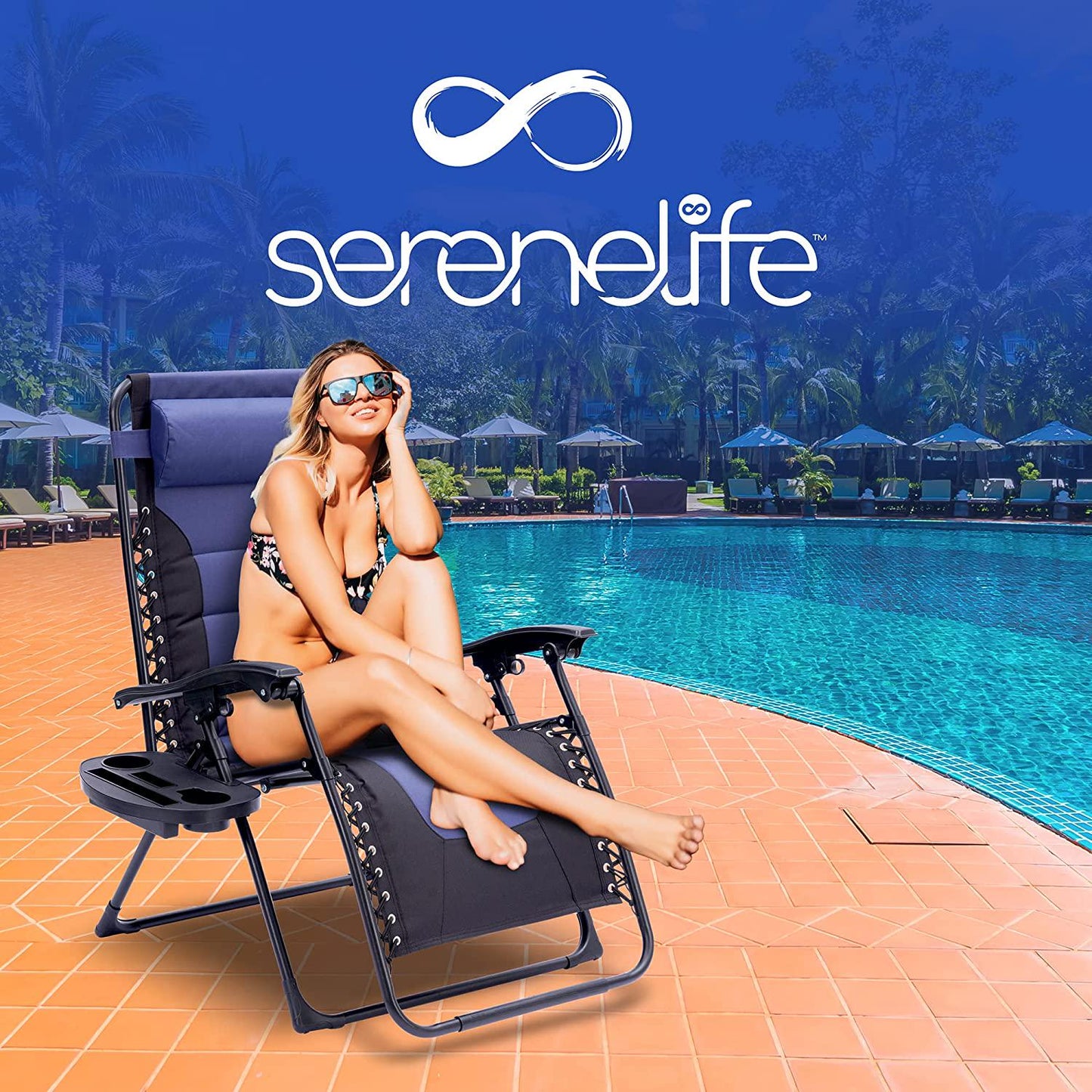 SereneLife Foldable Outdoor Zero Gravity Padded Lawn Chair, Adjustable Steel Mesh Recliners, w/Removable Pillows and Cup Holder Side Tables, Blue and Black