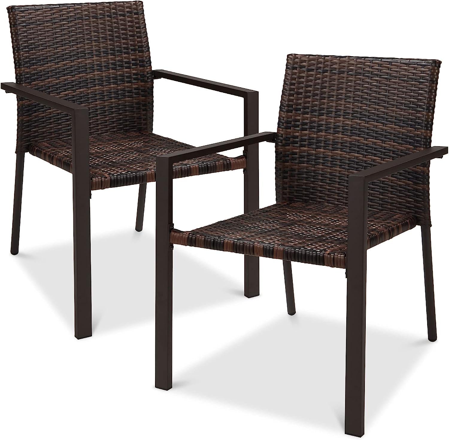 Set of 2 Stackable Outdoor Wicker Dining Chairs All-Weather Firepit Armchair w/Armrests, Steel Frame for Patio, Deck, Garden, Yard - Brown-