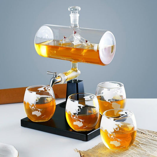 Ship in a Bottle Decanter with Tap Whiskey Glass Set-