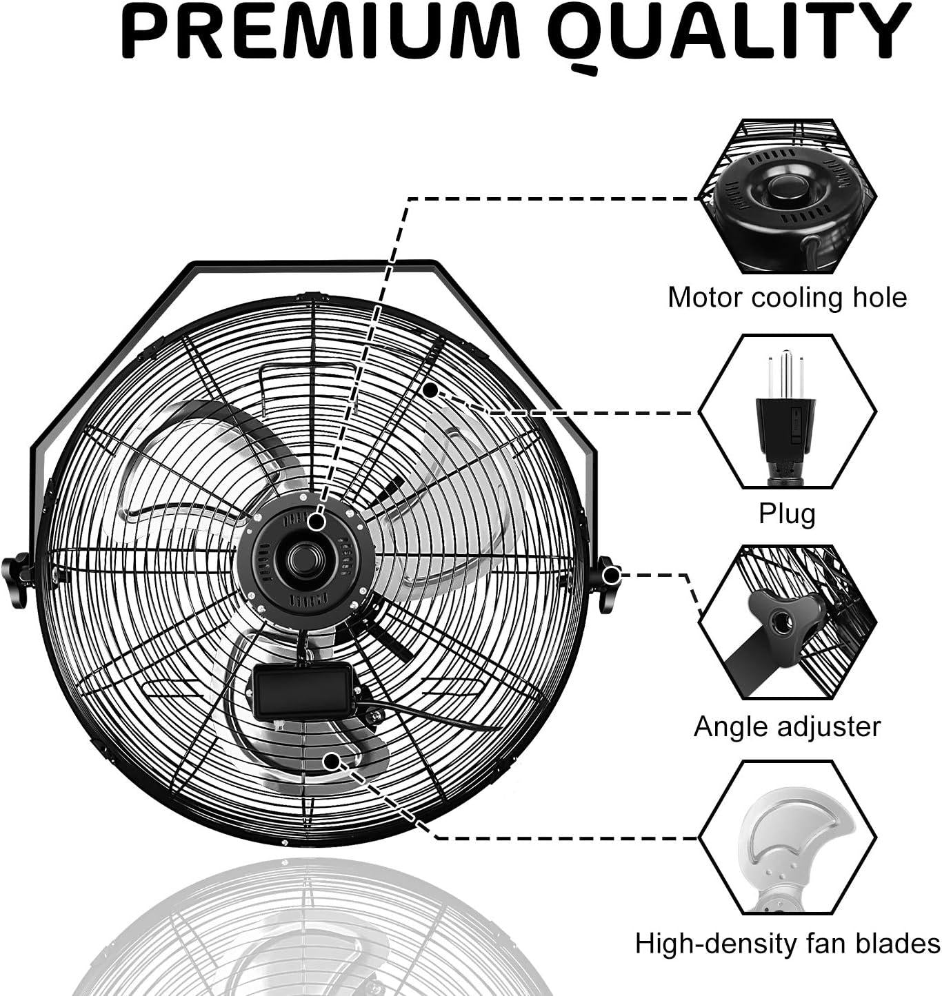 Deluxe 18 Inch Industrial Wall Mount, 3 Speed Commercial Ventilation Metal Fan for Warehouse, Greenhouse, Workshop, Patio, Factory and Basement - High Velocity, Black