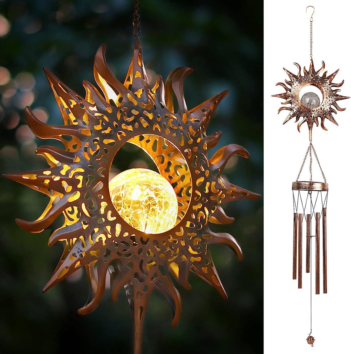 Solar Wind Chimes, Sun Wind Chime Outdoor Clearance w/Glowing Crackle Glass LED Unique Wind Bells for Outside Waterproof Chimes, Gifts for Her/Him (42 Long Metal Chimes)-