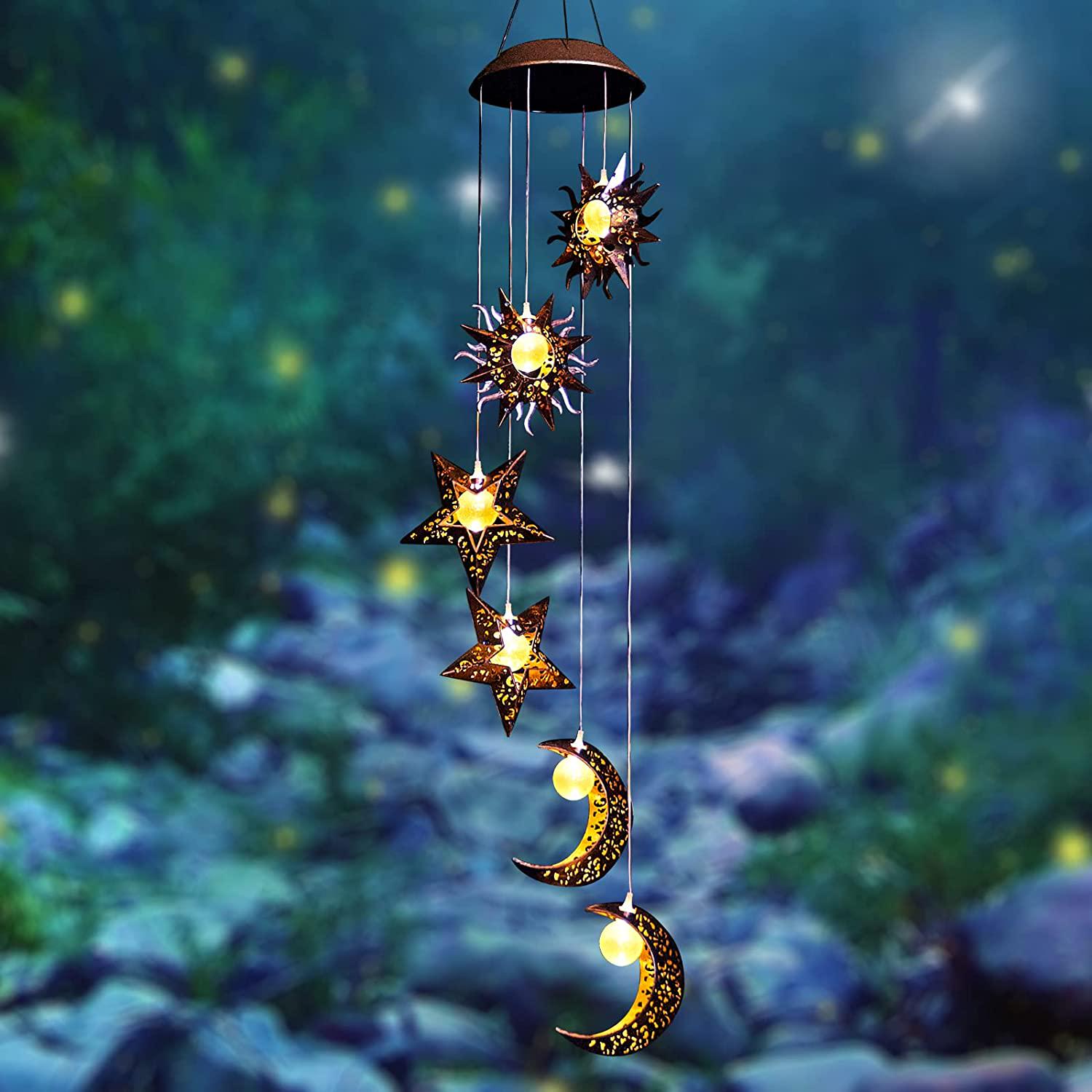 Solar Wind Chimes with Sun Moon Star Solar Powered Wind Chimes Warm LED Windchimes Hanging Outdoor Lights Unique Decor Gifts for Wife Mom Grandma Neighbors-