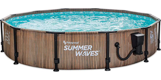 Summer Waves Natural Teak Elite 12 Foot by 30 Inch Outdoor Backyard Round Frame Above Ground Swimming Pool Set with Filtration Pump-