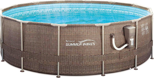 Summer Waves P20014482 14ft x 48in Outdoor Round Frame Above Ground Swimming Pool Set with Skimmer Filter Pump, Filter Cartridge, and Ladder, Brown-