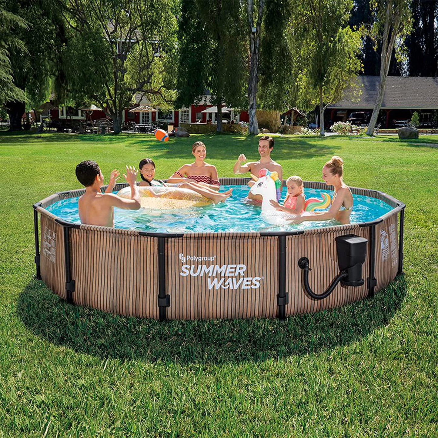 Summer Waves Natural Teak Elite 12 Foot by 30 Inch Outdoor Backyard Round Frame Above Ground Swimming Pool Set with Filtration Pump