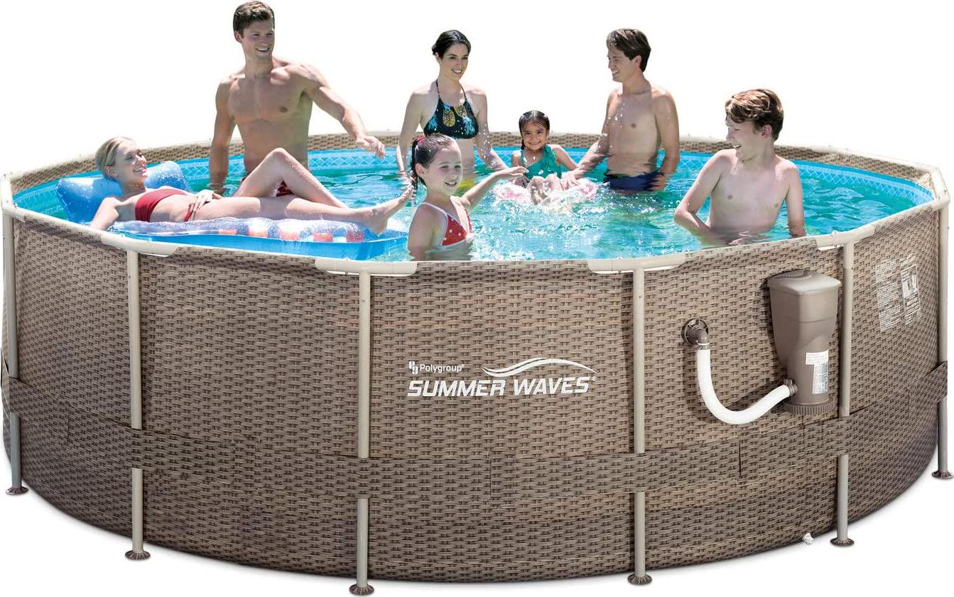 Summer Waves P20014482 14ft x 48in Outdoor Round Frame Above Ground Swimming Pool Set with Skimmer Filter Pump, Filter Cartridge, and Ladder, Brown