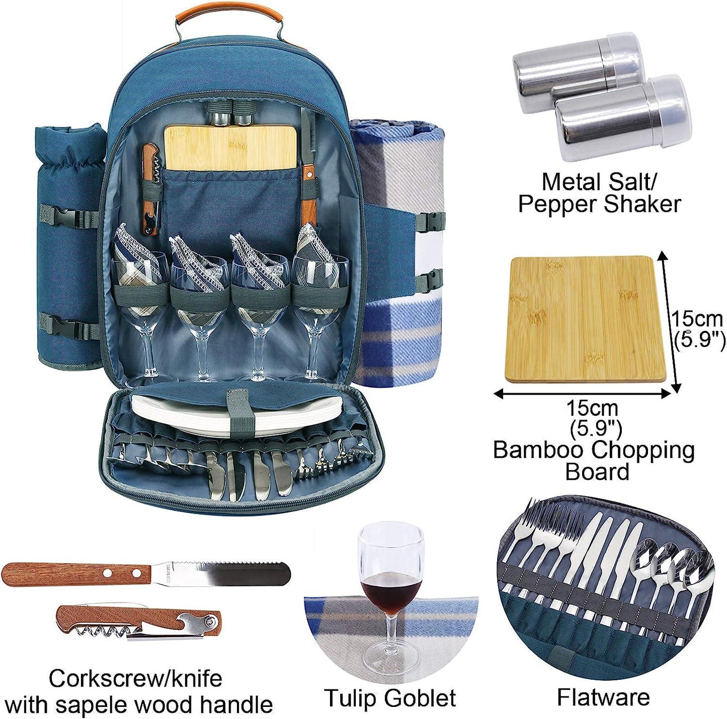 Picnic Backpack for 4 Person with Blanket Picnic Basket Set for 2 with Insulated Cooler Wine Pouch for Family Couples