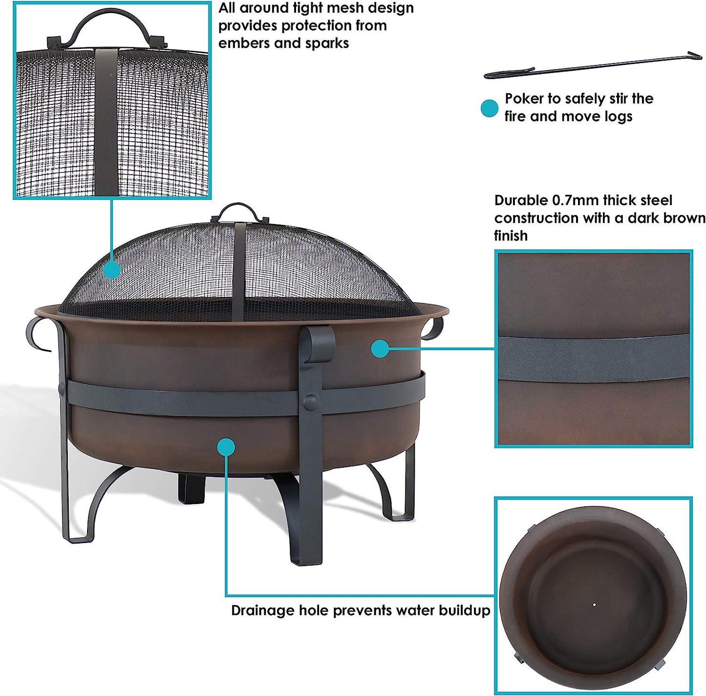 Sunnydaze 29-Inch Bronze Cauldron Wood-Burning Fire Pit Bowl - Includes Portable Poker and Spark Screen