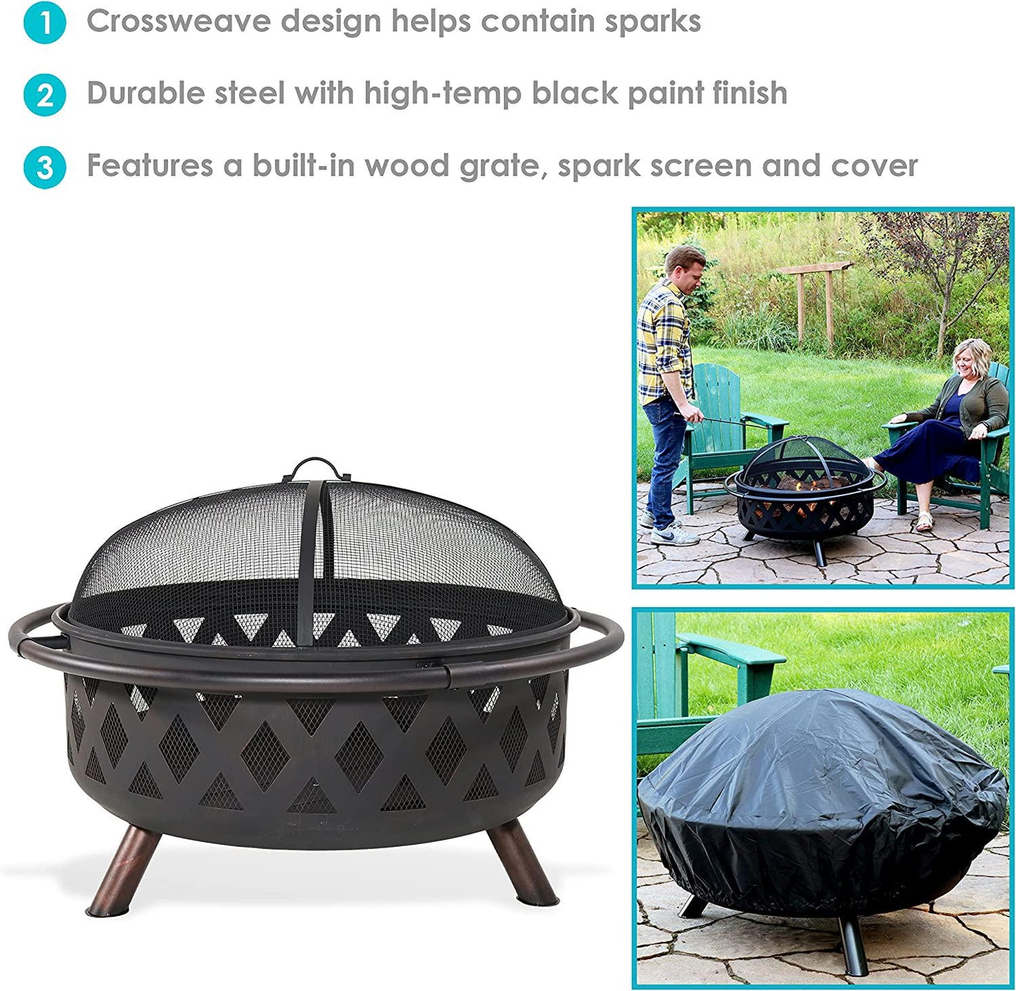 Black Crossweave Large Outdoor Fire Pit - 36-Inch Heavy-Duty Wood-Burning Fire Pit with Spark Screen for Patio and Backyard Bonfires - Includes Poker and Round Fire Pit Cover