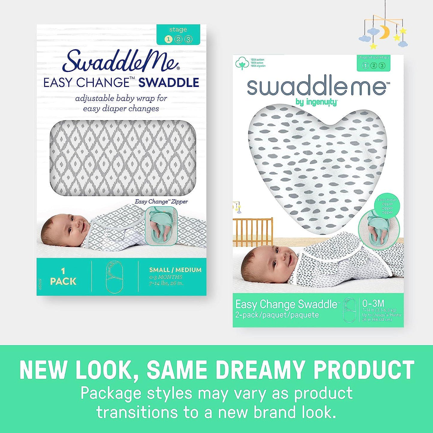 SwaddleMe by Ingenuity Easy Change Swaddle in Size Small/Medium, For Ages 0-3 Months, 7-14 Pounds, Up to 26 Inches Long, 3-Pack Baby Swaddle with Easy Change Zipper