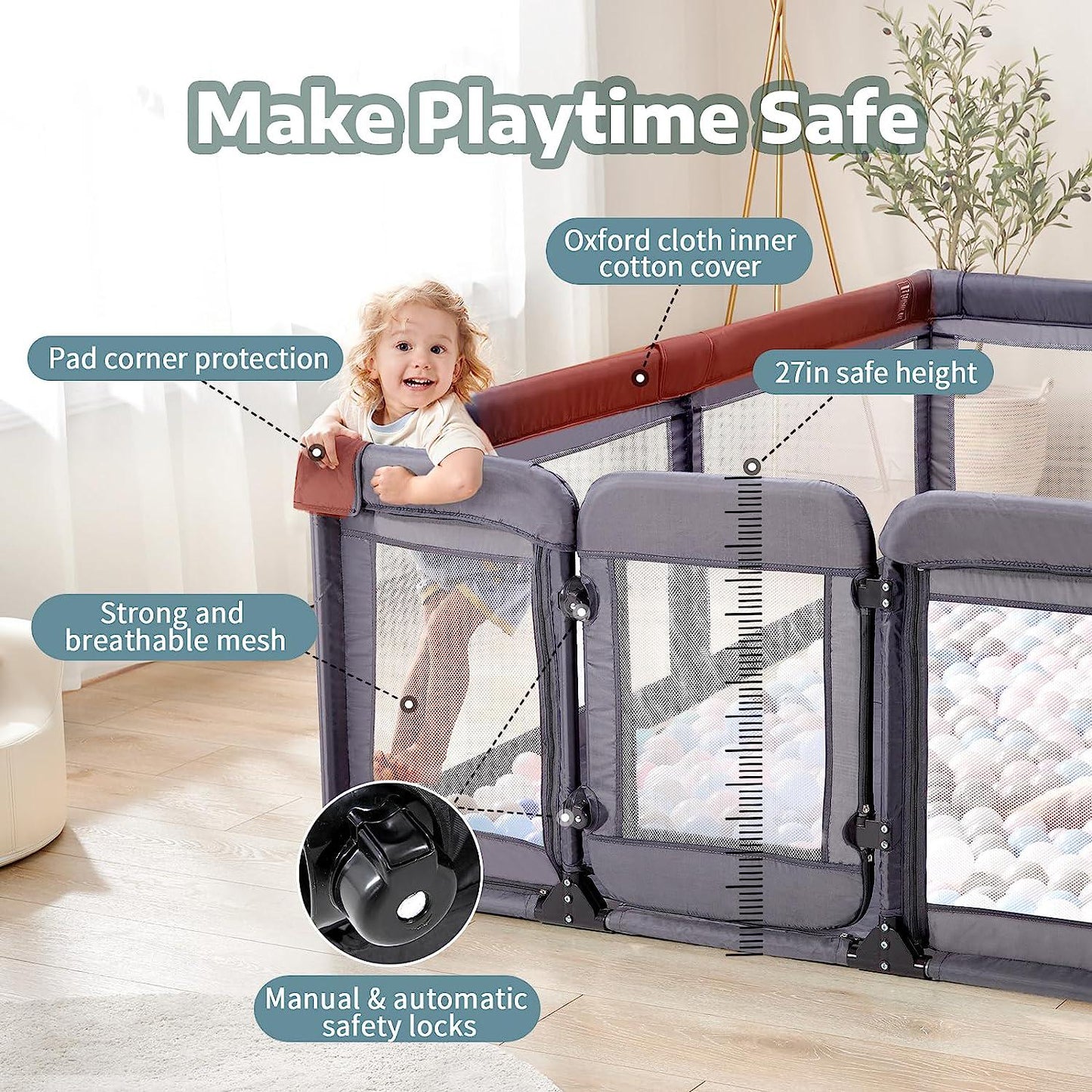 Baby Playpen, 79x71 Playpens for Babies and Toddlers with Gate, Large Baby Play Yards with Zipper Door, Indoor and Outdoor Baby Fence, Dark Grey