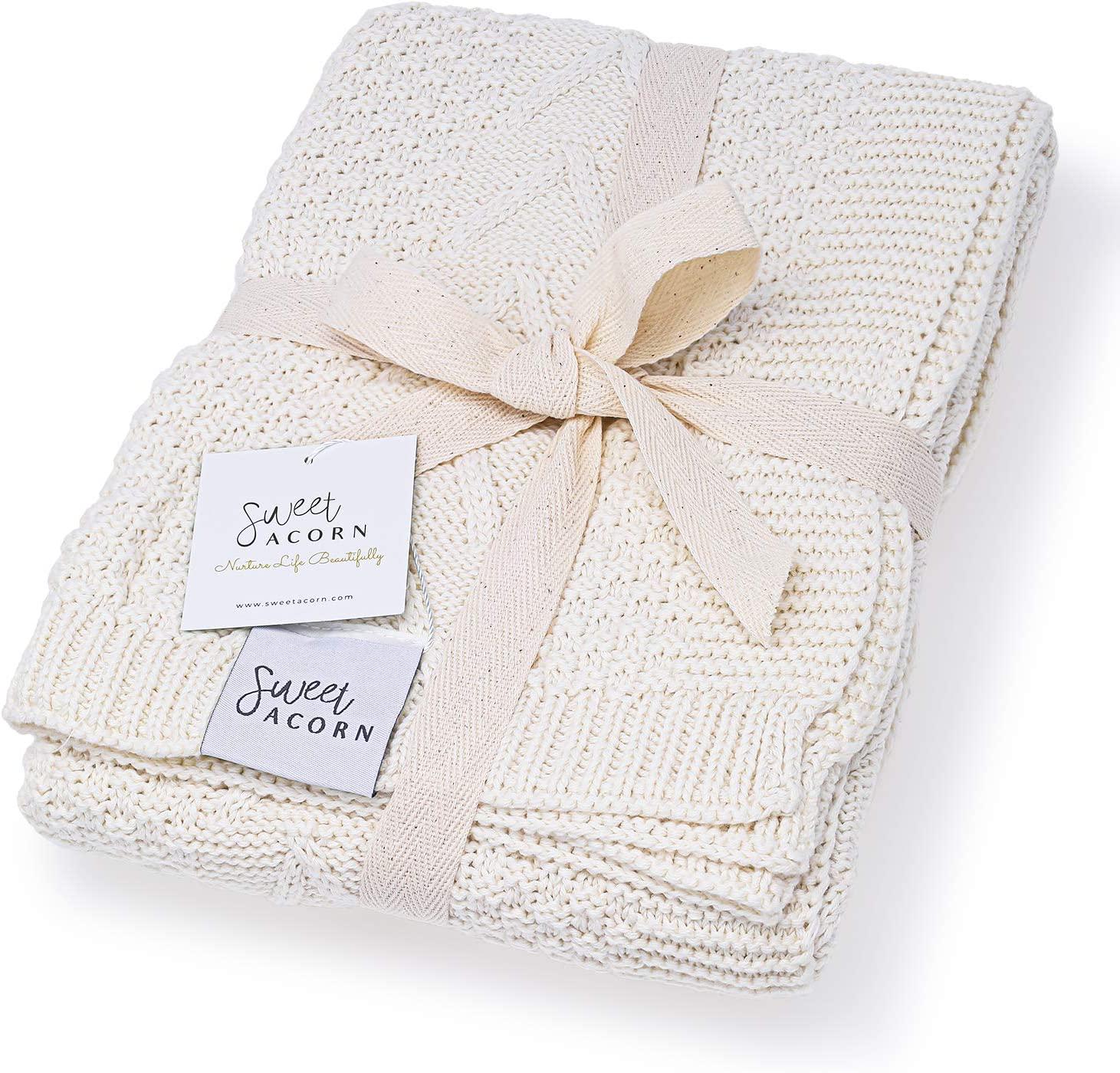 Sweet Acorn Knit Baby Blanket in Cable Pattern, Organic Cotton Blankets for Crib or Stroller, Receiving Blankets - Salt White-