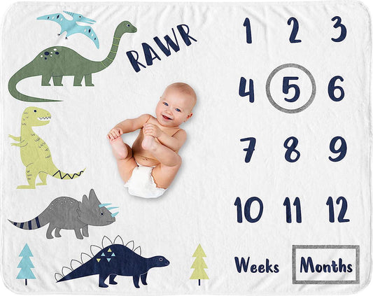 Sweet Jojo Designs Mod Dino Boy Milestone Blanket Monthly Newborn First Year Growth Mat Baby Shower Memory Keepsake Gift Picture - Blue, Green and Grey Modern Dinosaur Rawr-