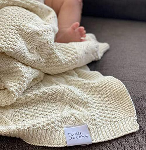 Sweet Acorn Knit Baby Blanket in Cable Pattern, Organic Cotton Blankets for Crib or Stroller, Receiving Blankets - Salt White
