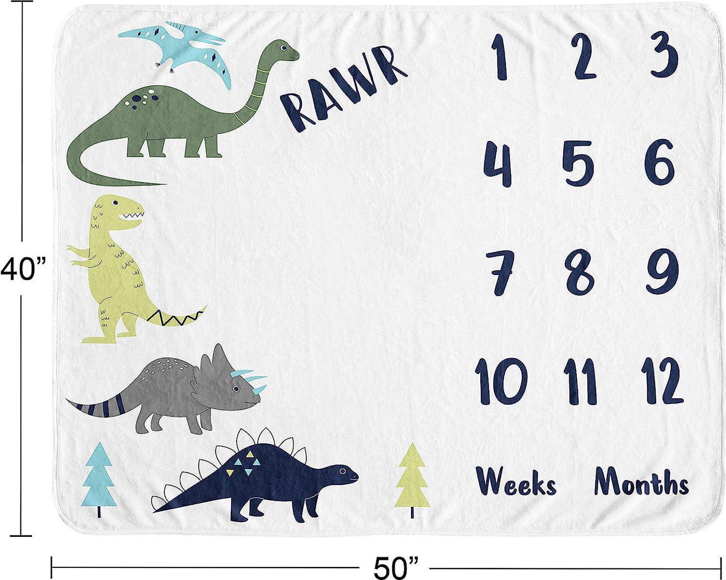 Sweet Jojo Designs Mod Dino Boy Milestone Blanket Monthly Newborn First Year Growth Mat Baby Shower Memory Keepsake Gift Picture - Blue, Green and Grey Modern Dinosaur Rawr