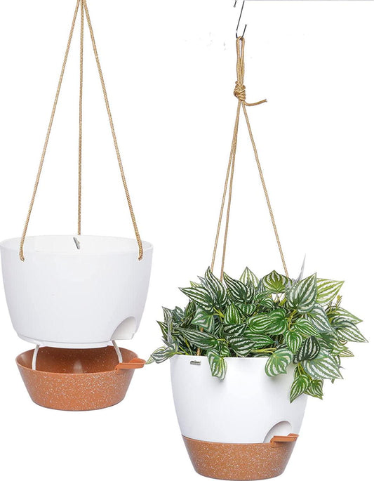 SwinDuck 10 Inch Self Watering Hanging Pots, 2 Pack Hanging Planters with 40oZ Deep Reservior for Indoor Outdoor Plants Flowers, White with Brown-