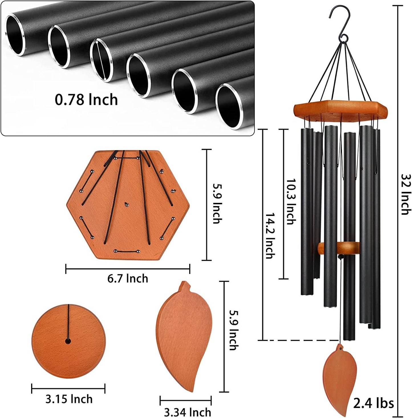 Sympathy Wind Chimes for Outside Deep Tone, Memorial Wind Chimes for Loss of a Loved, Large Wind Chimes with 6 Thicken Tubes and Hook, Outdoor Wind Chimes Gifts for Mother, Garden Decor(Black)