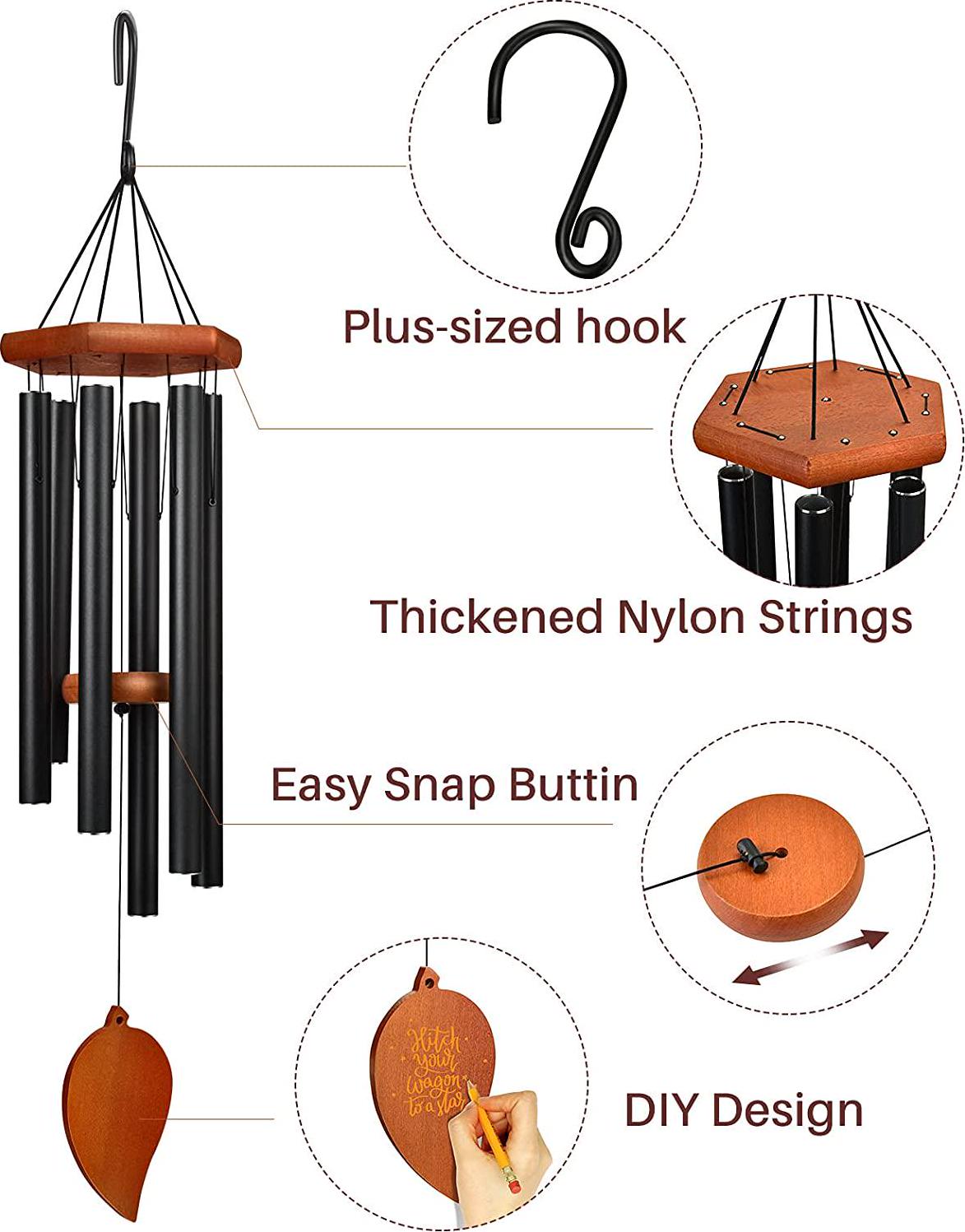 Sympathy Wind Chimes for Outside Deep Tone, Memorial Wind Chimes for Loss of a Loved, Large Wind Chimes with 6 Thicken Tubes and Hook, Outdoor Wind Chimes Gifts for Mother, Garden Decor(Black)