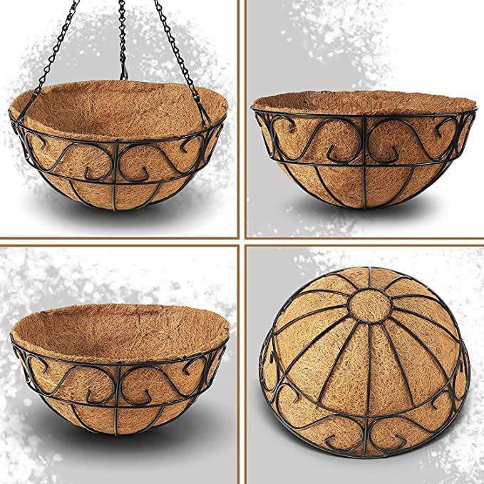 THIKDIKAKT 2 Pack Metal Hanging Planter Basket with Coco Coir Liner Chain Round Wire Plant Holder Flower Pots Hanger Garden Decoration Porch Decor Watering Hanging Baskets Indoor Outdoor (S Shape)