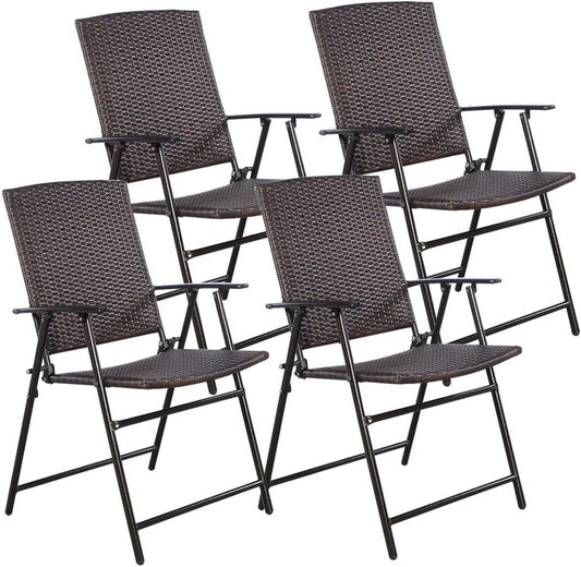 Tangkula 4 PCS Folding Patio Chair Set Outdoor Pool Lawn Portable Wicker Chair with Armrest and Footrest Durable Rattan Steel Frame Commercial Foldable Stackable Party Wedding Chair Set (24X23X37)-