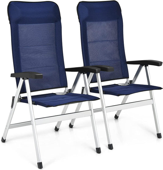 Tangkula Set of 2 Patio Folding Chairs, Portable Reclining Chairs with 7-Position Adjustable Back and Padded Headrest, Outdoor Indoor High Back Chaise Lounge Armchair for Poolside, Yard, Lawn, Navy-