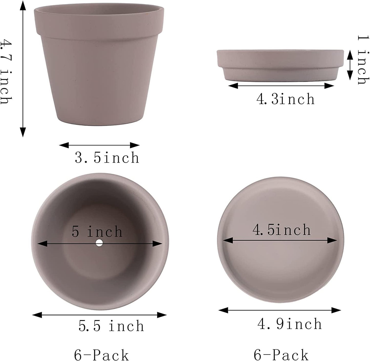 Terra Cotta Pots with Saucer- 6-Pack Large Terracotta Pot Clay Pots 5.5"; Clay Ceramic Pottery Planter Cactus Flower Pots Succulent Pot with Drainage Hole- for Plants,Crafts terra cotta planter(Grey)