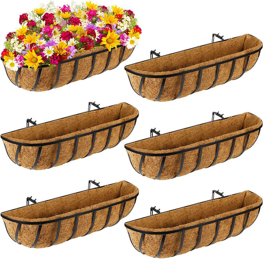 Tessco 6 Pieces 24 Inch Window Baskets with Coconut Liner Window Deck Planters Boxes Railing Planter Metal Black Hanging Flower Planter Window Basket for Indoor Outdoor Lawn-