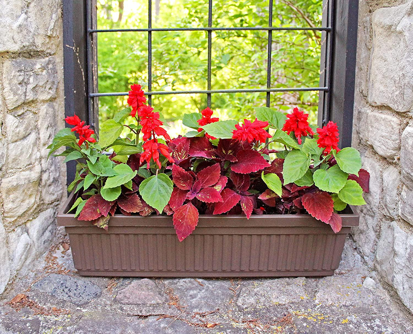 The HC Companies 30 Inch Venetian Rectangular Window Planter Box - Lightweight Plastic Indoor Outdoor Plant Pot with Drainage for Windowsill, Herbs, Flowers, Chocolate