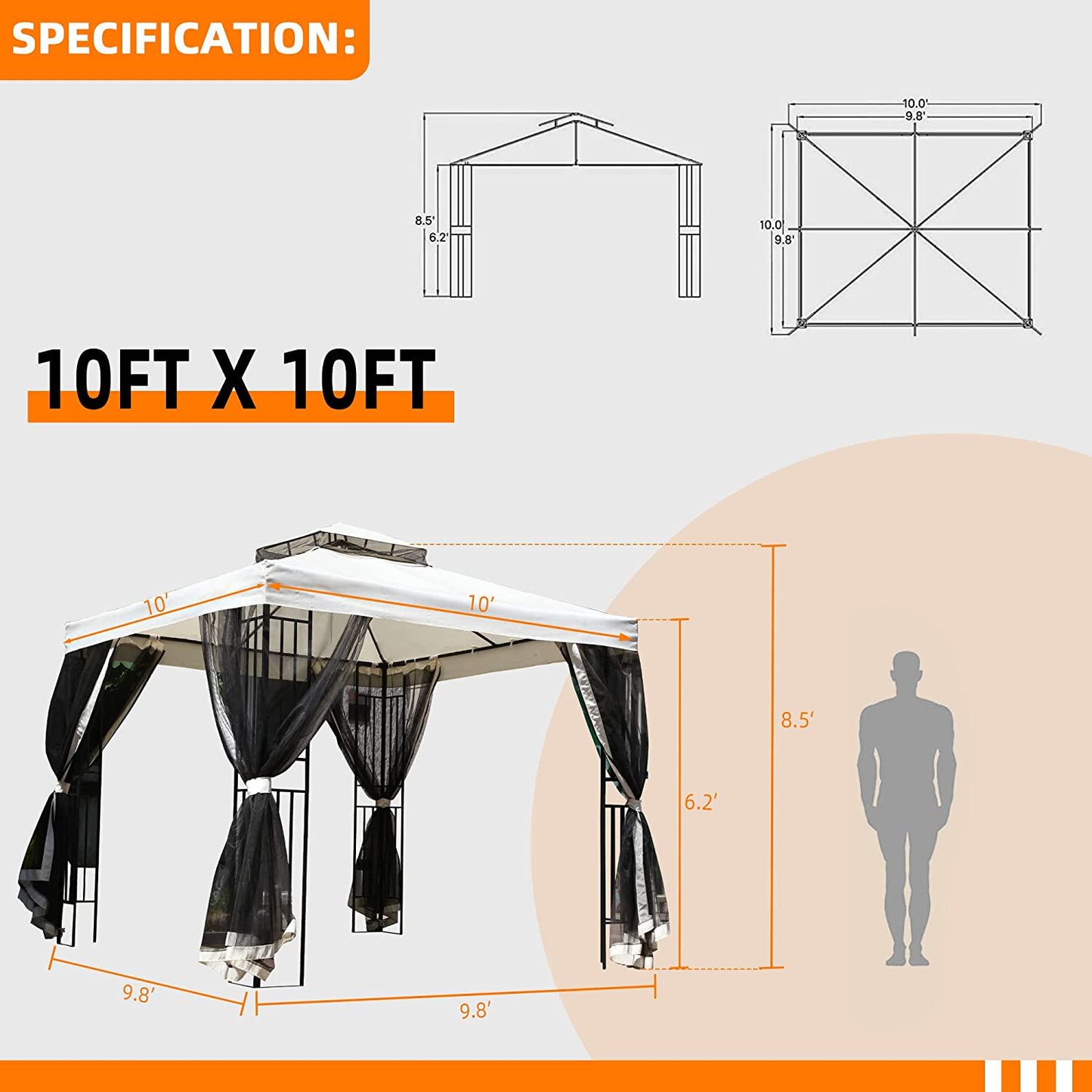 Tinkle Well 10x10FT Outdoor Gazebo Canopy with Mosquito Netting - Double Roof, High-Strength Steel Structure - Ideal for Party, Wedding, BBQ - Garden-Yard Canopy Tent, Beige