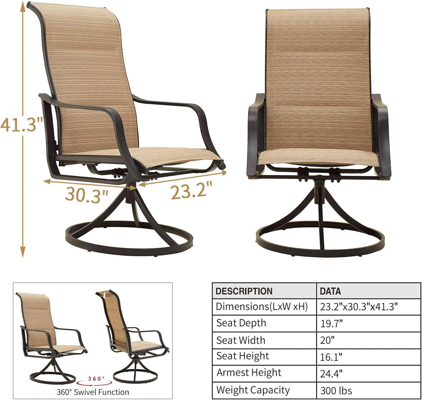 Top Space Patio Dining Chairs Textilene High Back Outdoor Swivel Rocker Set with All Weather Frame (Beige,Set of 2)