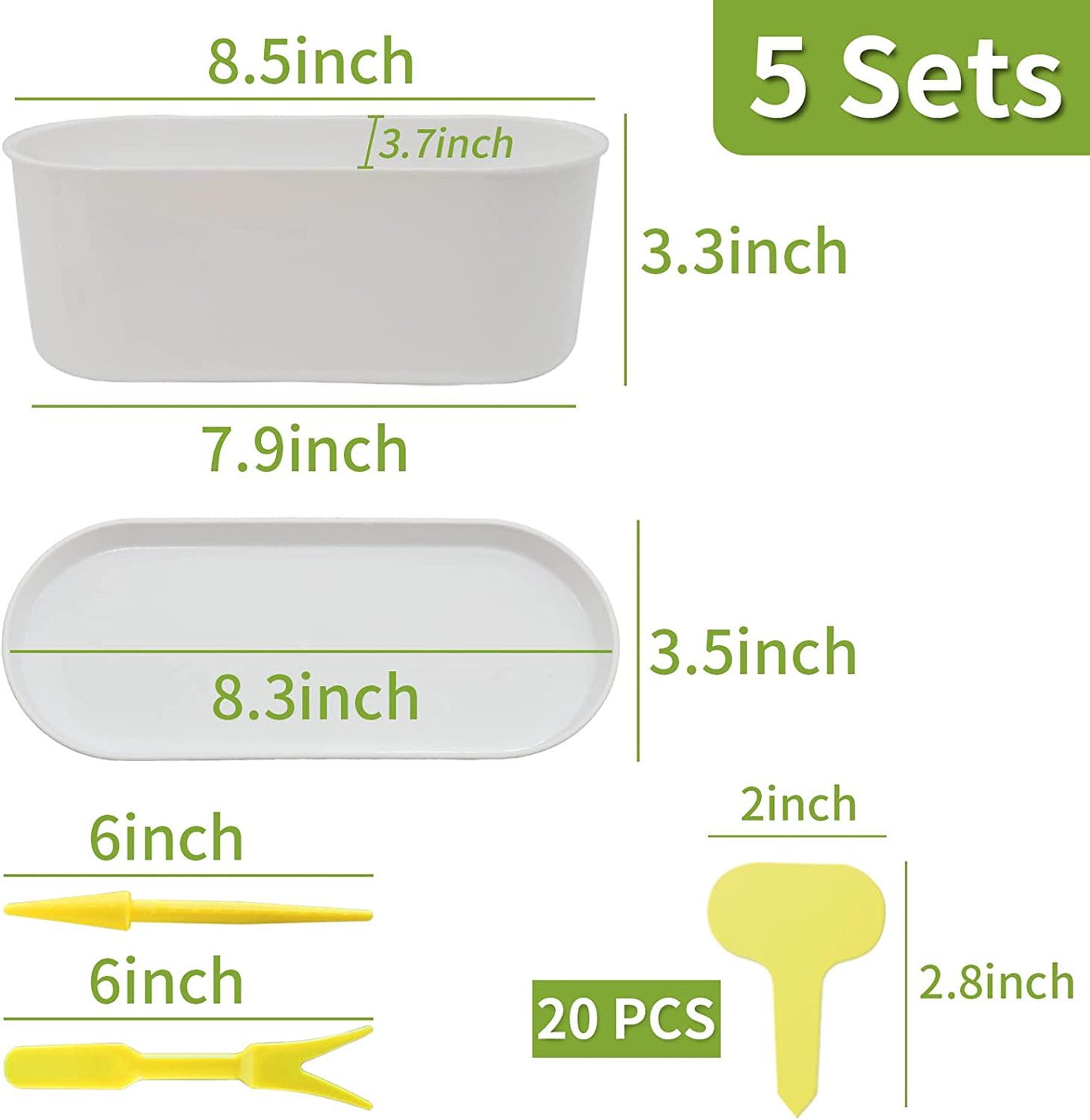 Torfican 5 Set Window Herb Planter Box Rectangular,8.5x3.5 Inch White Plastic Planters with Multiple Drainage Holes and Trays,Indoor Succulent Cactus Mint Flower Pot