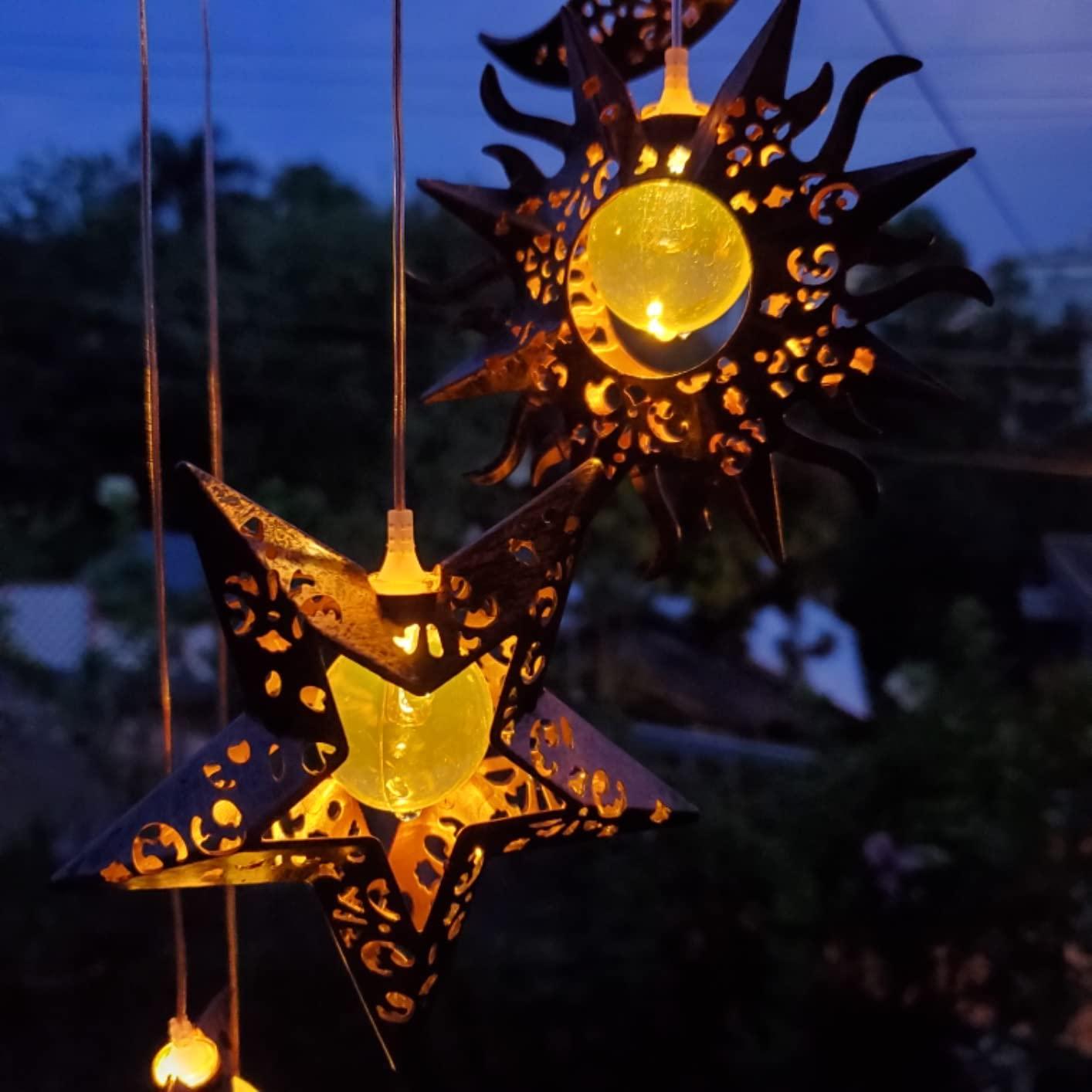 Solar Wind Chimes with Sun Moon Star Solar Powered Wind Chimes Warm LED Windchimes Hanging Outdoor Lights Unique Decor Gifts for Wife Mom Grandma Neighbors