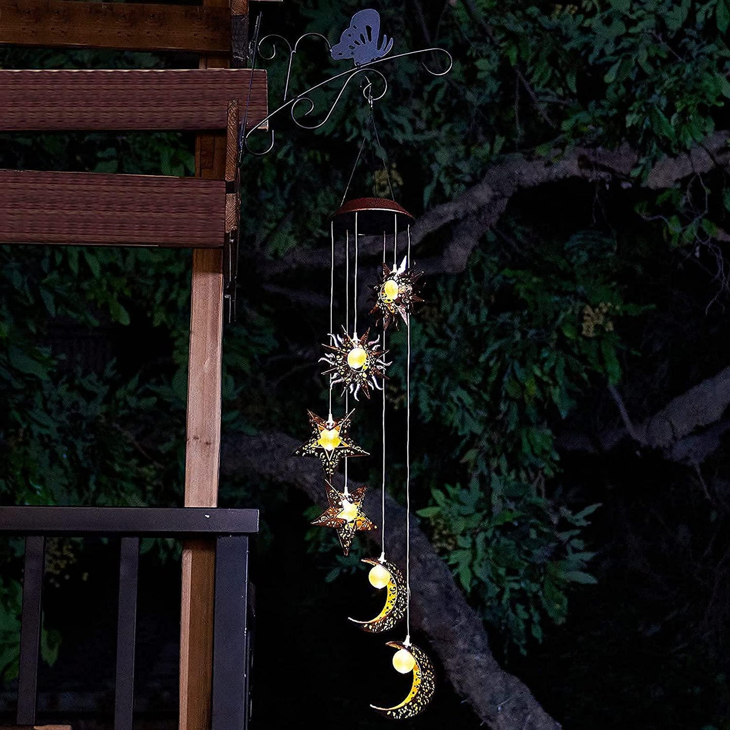 Solar Wind Chimes with Sun Moon Star Solar Powered Wind Chimes Warm LED Windchimes Hanging Outdoor Lights Unique Decor Gifts for Wife Mom Grandma Neighbors