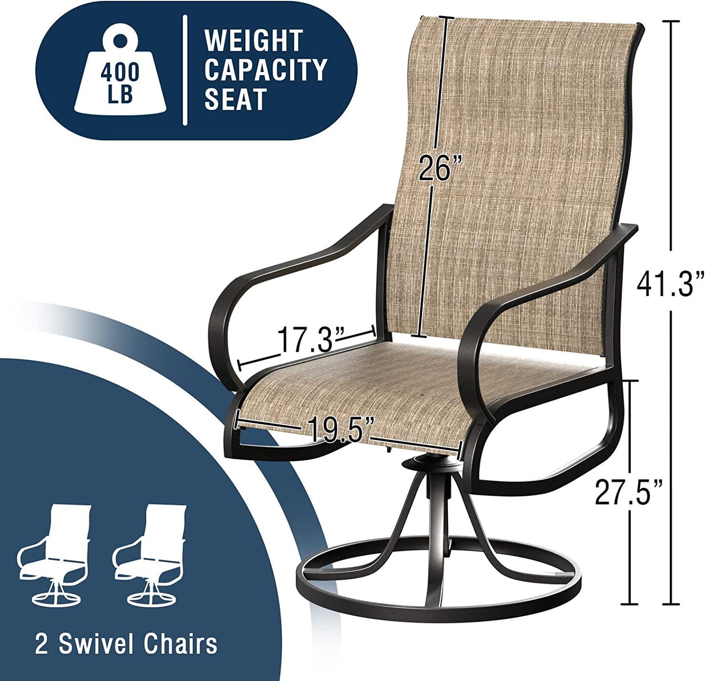 UDPATIO Patio Swivel Chairs Set of 2, Outdoor Dining Chairs High Back, All Weather Breathable Textilene Outside Furniture Chair with Metal Rocking Frame