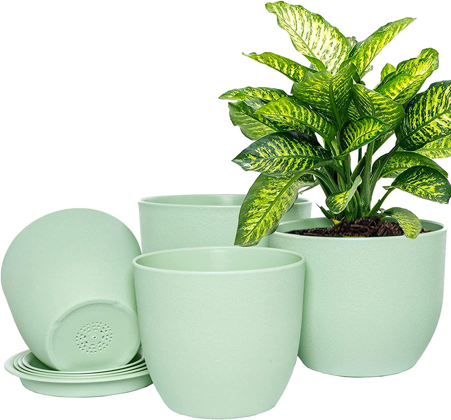 UOUZ 10/9/8/6.3 inch Plant Pots, Modern Plastic Planters Planting Pots with Multi Drainage Holes and Saucers for Indoor Outdoor Plants Flowers, Green-