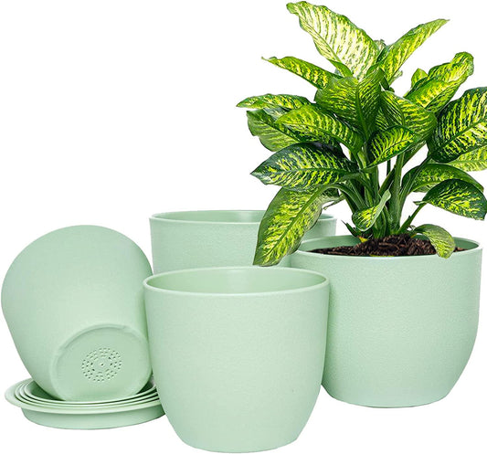 UOUZ 10/9/8/6.3 inch Plant Pots, Modern Plastic Planters Planting Pots with Multi Drainage Holes and Saucers for Indoor Outdoor Plants Flowers, Green-