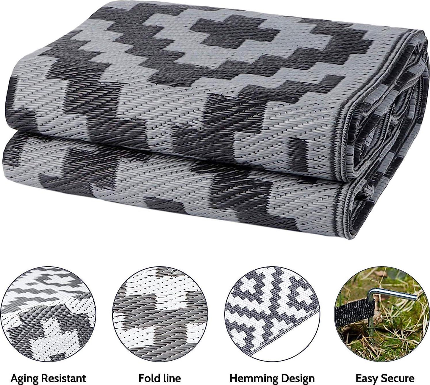 Outdoor Camping Mats Rugs Reversible Waterproof RV Deck Porch Plastic Rugs Black-Grey 4x6 Feet