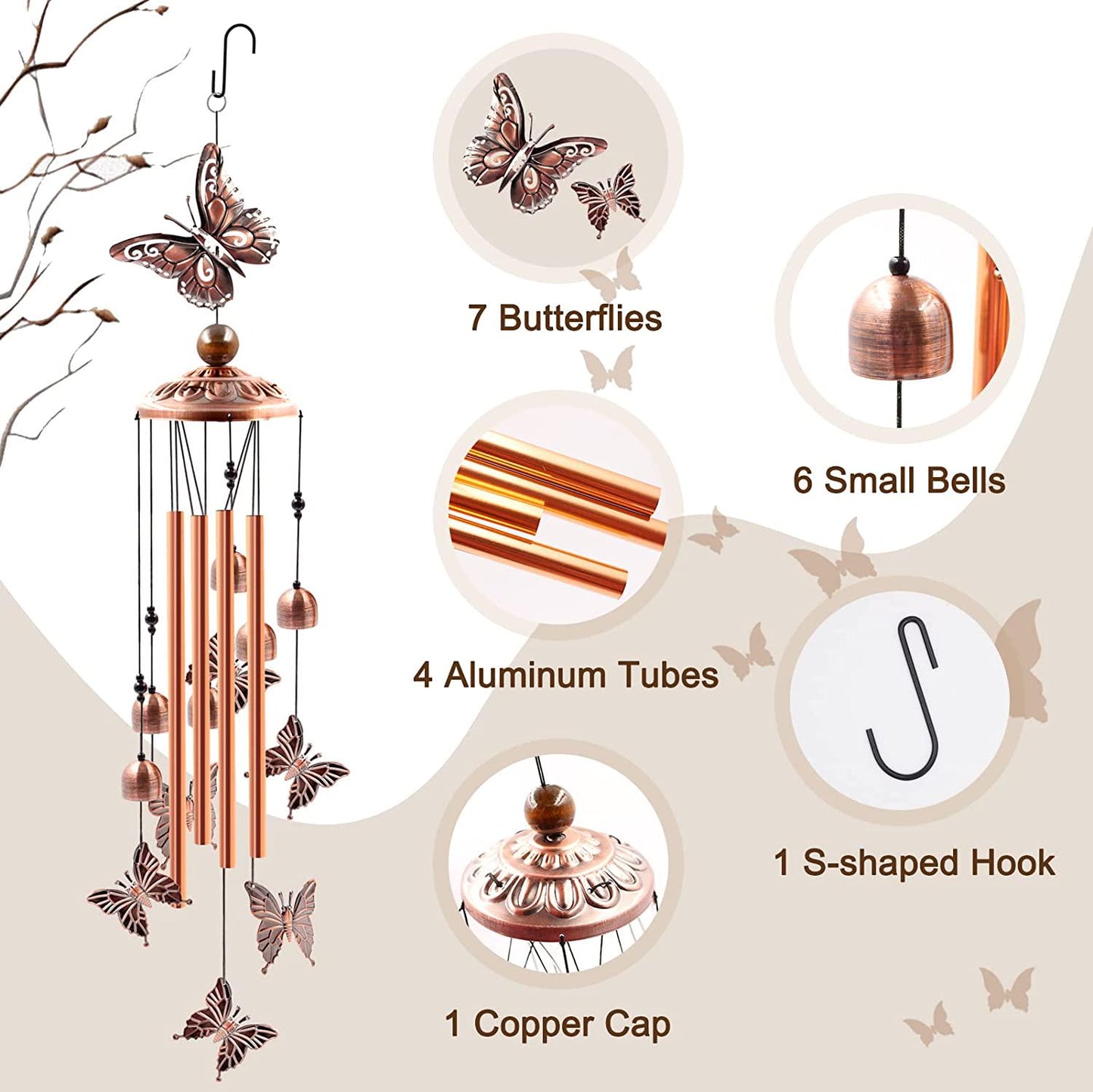 Wind Chimes Outdoor Clearance, Butterflies Aluminum Tube Windchime with S Hook,Patio Garden Decor, Housewarming Gift.