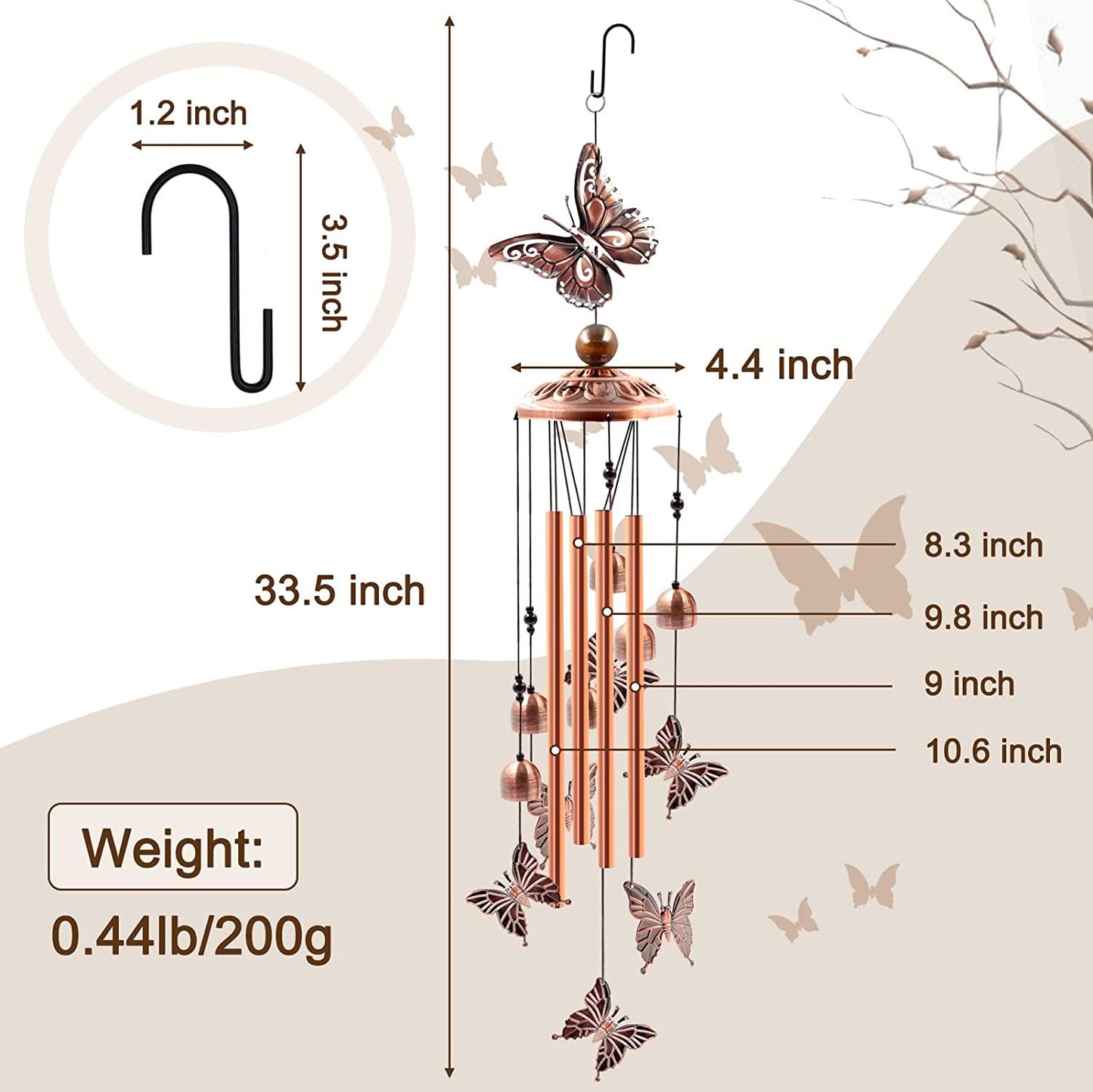 Wind Chimes Outdoor Clearance, Butterflies Aluminum Tube Windchime with S Hook,Patio Garden Decor, Housewarming Gift.