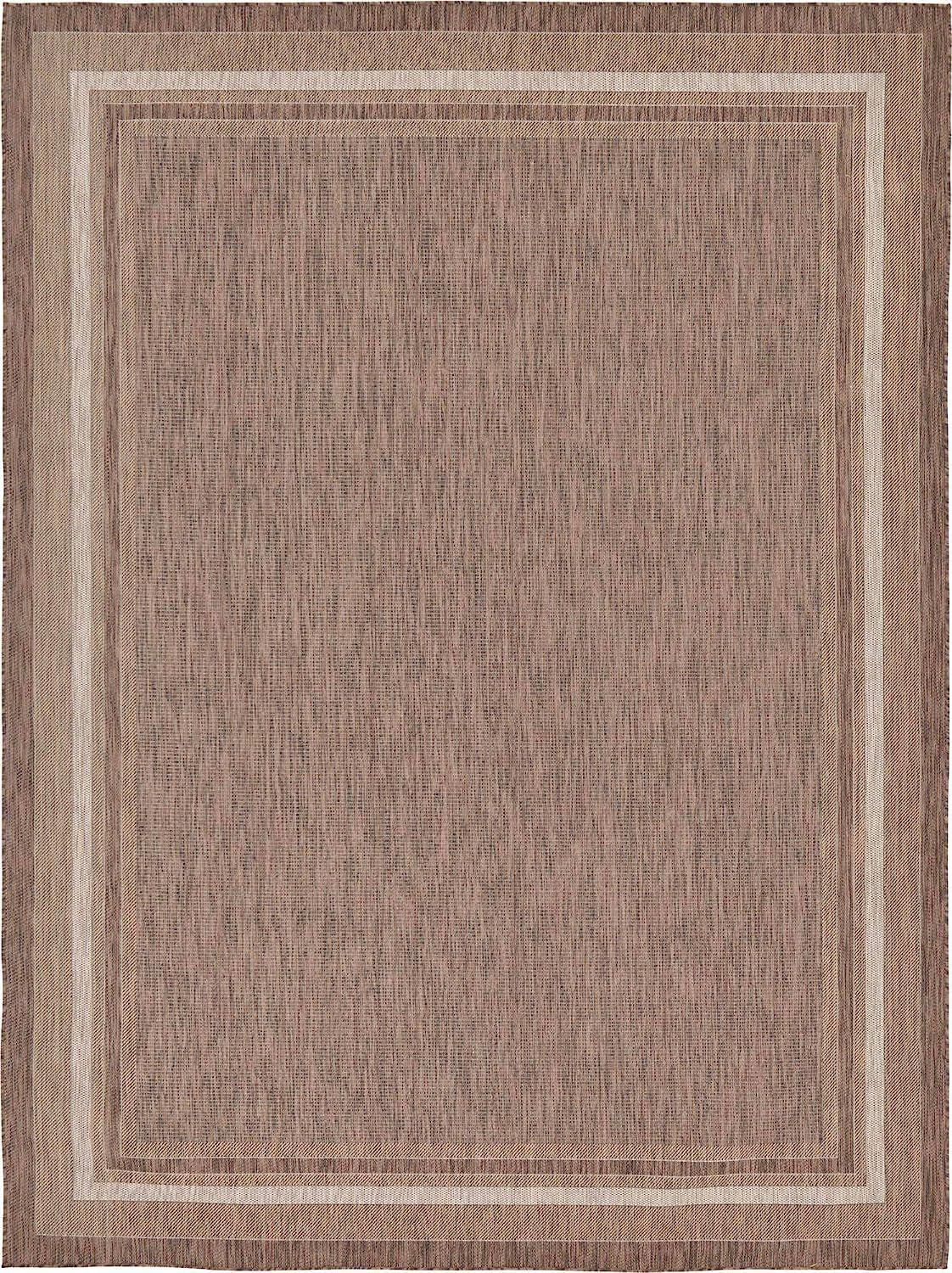 Outdoor Collection Transitional Indoor and Outdoor Casual Solid Tonal Border Area Rug, Rectangular , Brown/Ivory