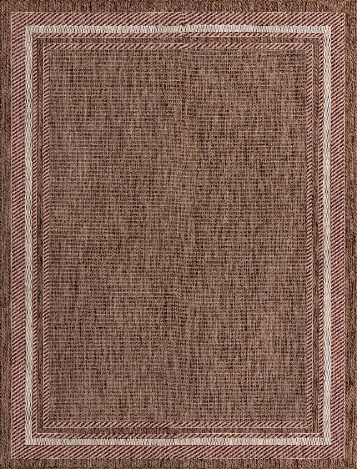 Outdoor Collection Transitional Indoor and Outdoor Casual Solid Tonal Border Area Rug, Rectangular , Brown/Ivory