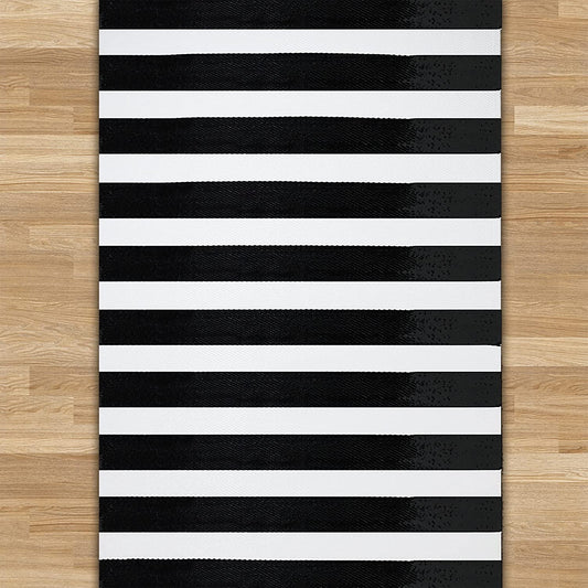Upgrade Your Outdoor and Indoor Experience with Reversible Propylene Camping Rugs: Say Goodbye to High-Maintenance Outdoor Rugs (Strip Black and White, 4'X6')-