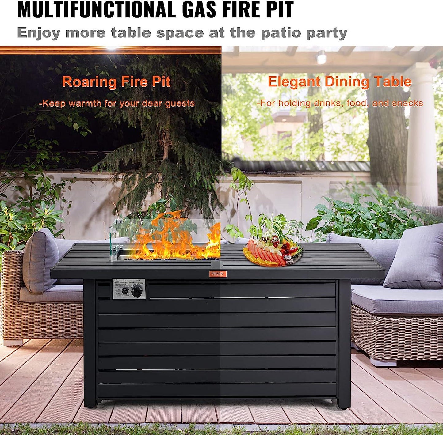 Gas Fire Pit Table, 54 In 50000 BTU, Propane Outdoor Wicker Patio fire Pits with Carbon Steel Tabletop, Lava Rock, Glass Wind Guard, Cover, Add Warmth to Gathering on Garden Backyard, CSA Listed