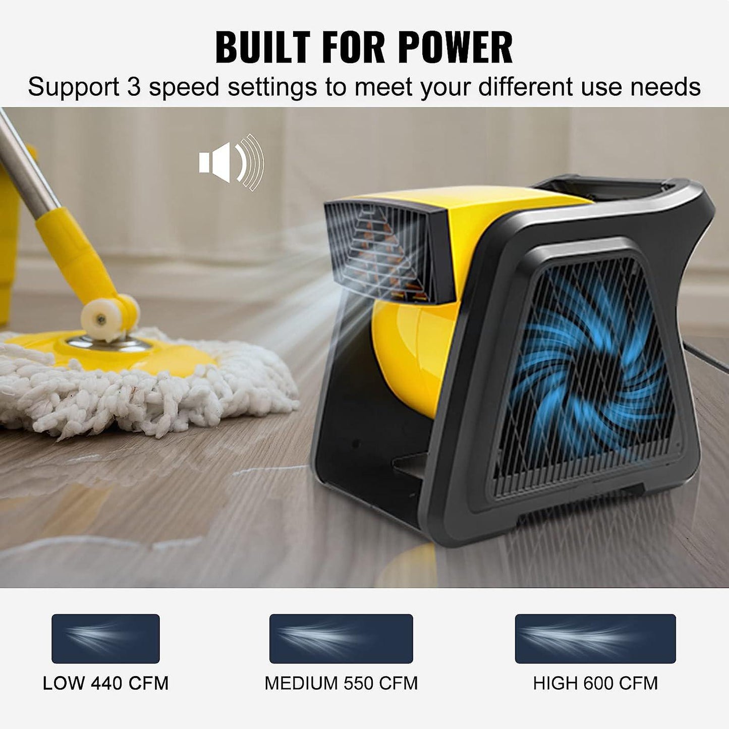Pivoting Utility Fan, 600 CFM High Velocity Floor Blower for Drying, Cooling, Ventilating, Exhausting, 300° Blowing Angle Air Mover, Portable Carpet Dryer Fan