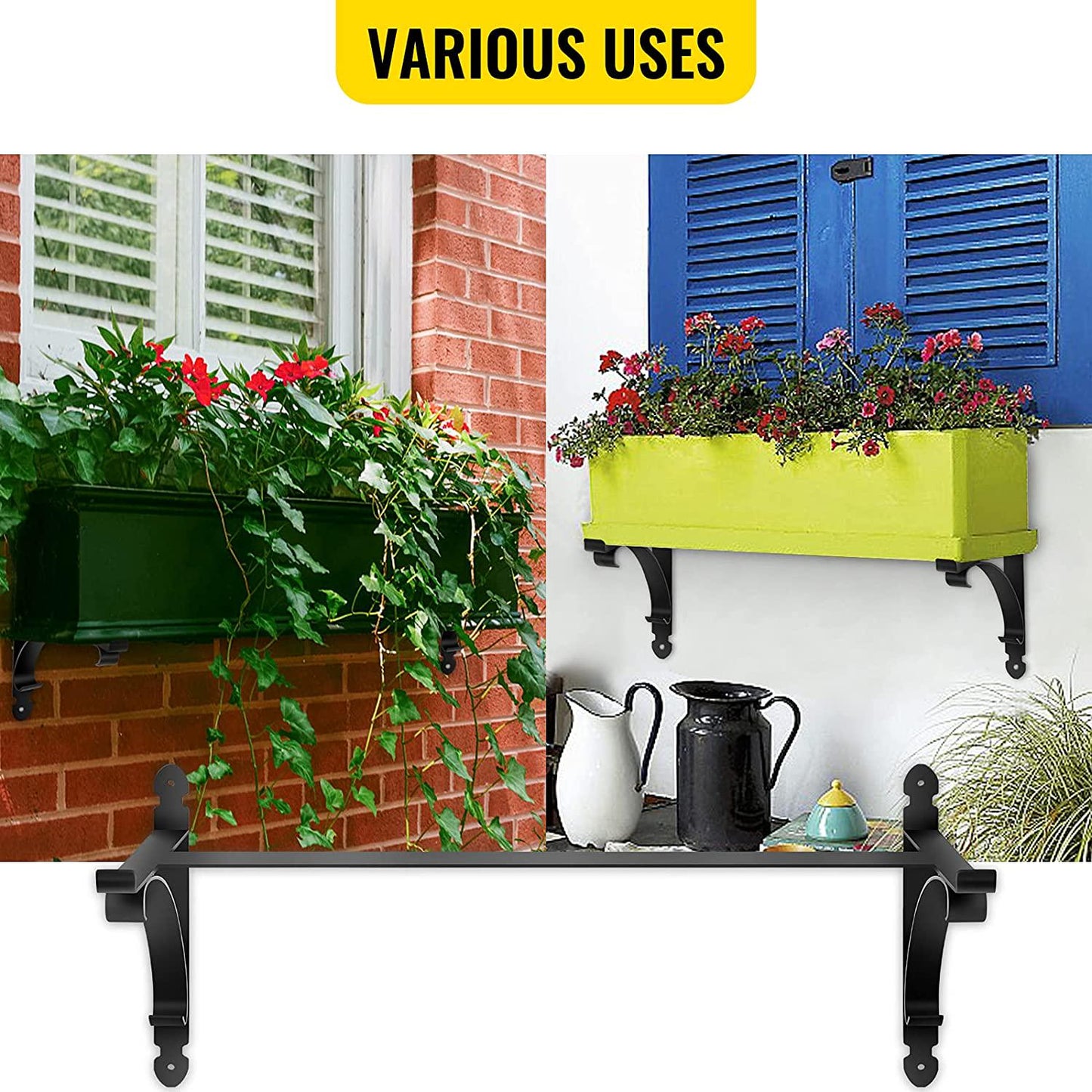 VEVOR Window Box Brackets 88lbs Planter Box Brackets 24 x 10.5 x 10 in Black Planter Mounting Bracket Iron Material Black Window Box Hanger Bracket