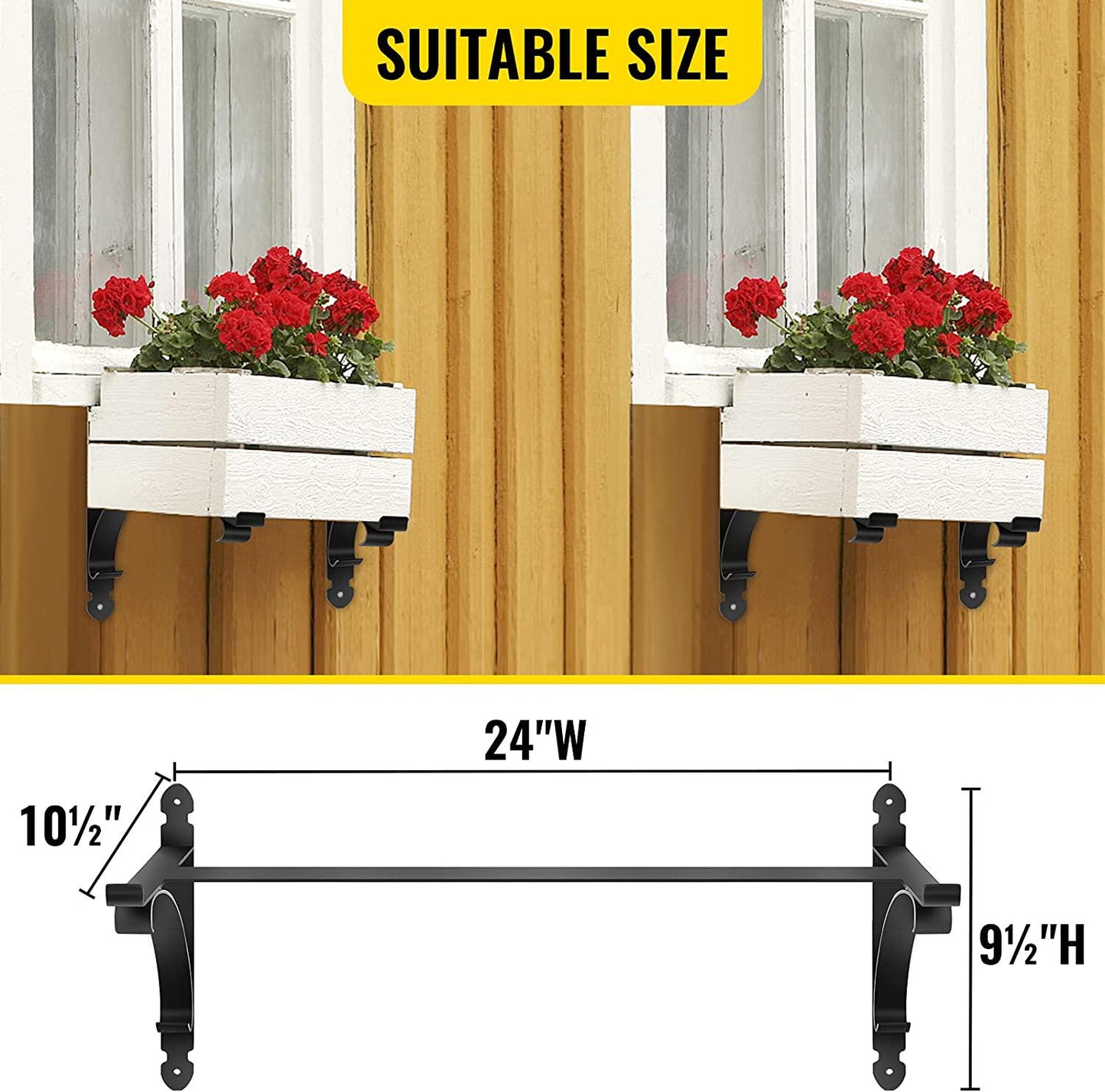 VEVOR Window Box Brackets 88lbs Planter Box Brackets 24 x 10.5 x 10 in Black Planter Mounting Bracket Iron Material Black Window Box Hanger Bracket